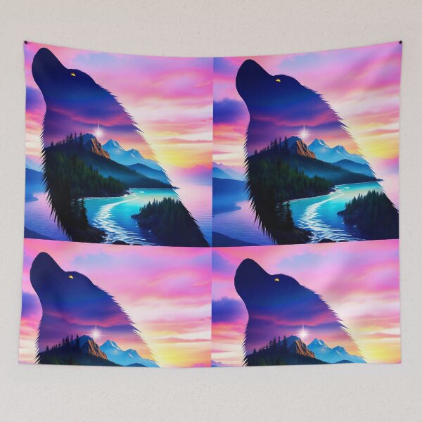 Item preview, Mountain landscape in the silhuette of a howling wolf in blue and purple hues digitalart designed and sold by EmeraldeaArt.