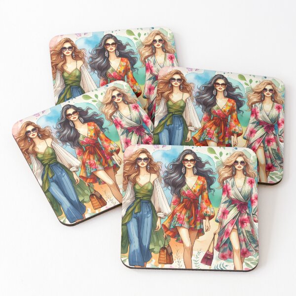 Item preview, Three walking women summer floral fashion clothes aquarelle illustration designed and sold by EmeraldeaArt.