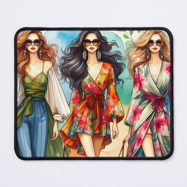 Item preview, Three walking women summer floral fashion clothes aquarelle illustration designed and sold by EmeraldeaArt.