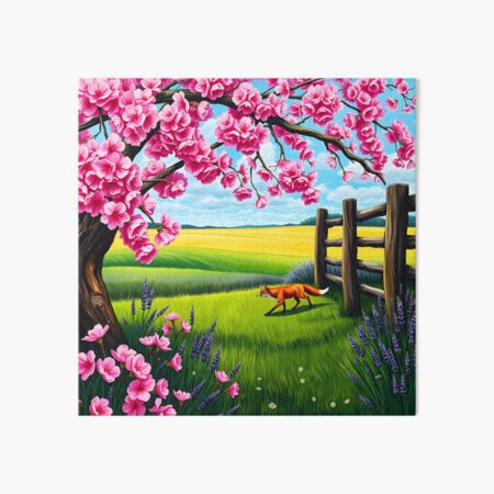 Item preview, Fox walking on a farm under a sakura tree near a fence oil painting style designed and sold by EmeraldeaArt.