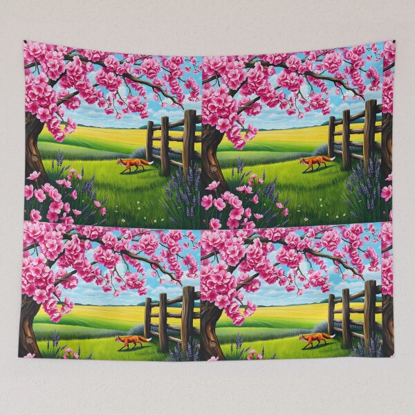 Item preview, Fox walking on a farm under a sakura tree near a fence oil painting style designed and sold by EmeraldeaArt.