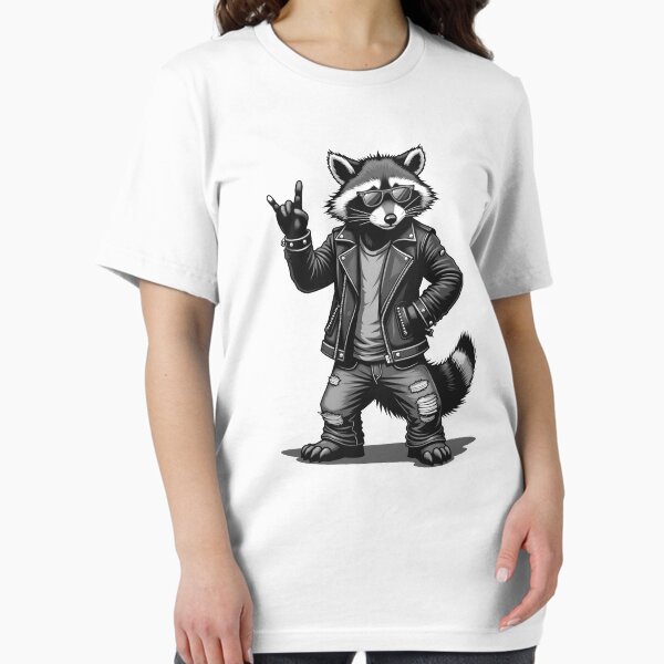 Vista previa del artículo con la obra «Rock Horns Racoon: divertido diseño retro para fanáticos del rock con mapache», diseñado y vendido por RetroTraveller.
