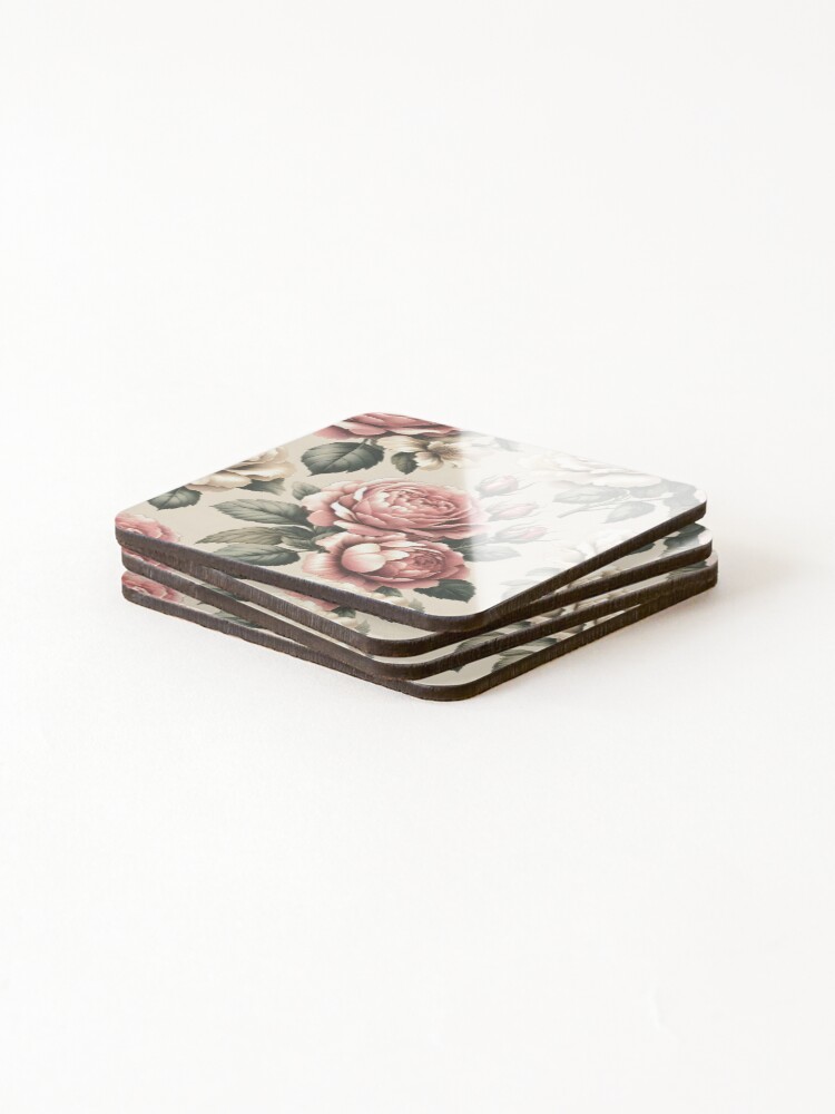 Thumbnail 4 of 5, Coasters (Set of 4), Pink and white Cabbage Roses designed and sold by GraphicsClub.