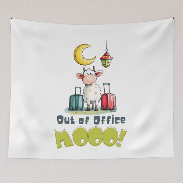 Item preview, Out of Office MOOO! | Funny Eid Cow on Vacation with Lantern & Crescent Moon designed and sold by FUNqoosh.