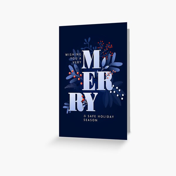 Aperçu de l'œuvre Je vous souhaite un très joyeux Noël. Typographie de salutation sur fond bleu foncé avec des baies rouges, des feuilles et des branches créée et vendue par Jdawnink.