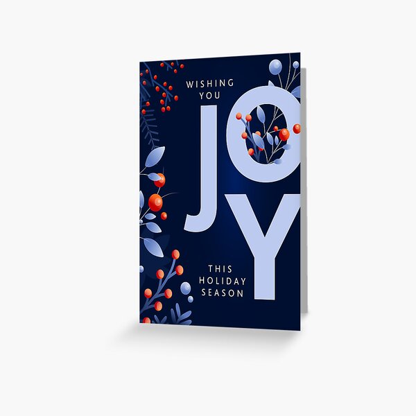 Item preview, Wishing you Joy This Holiday Season Typography Greeting on dark blue background with red berries, leaves and branches designed and sold by Jdawnink.