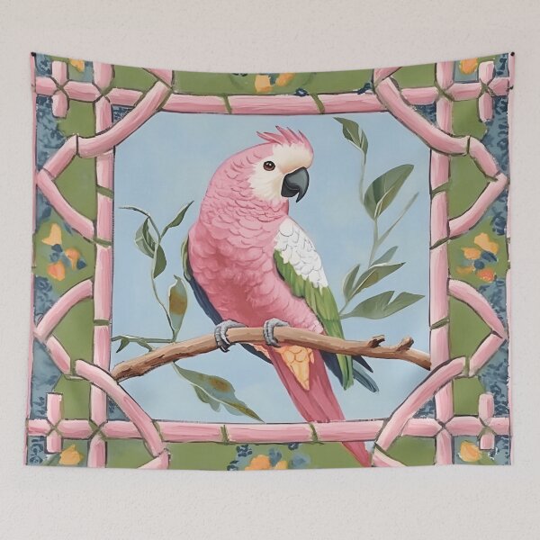 Item preview, Grandmillennial style pink parrot and chinoiserie lattice designed and sold by SophieClimaArt.
