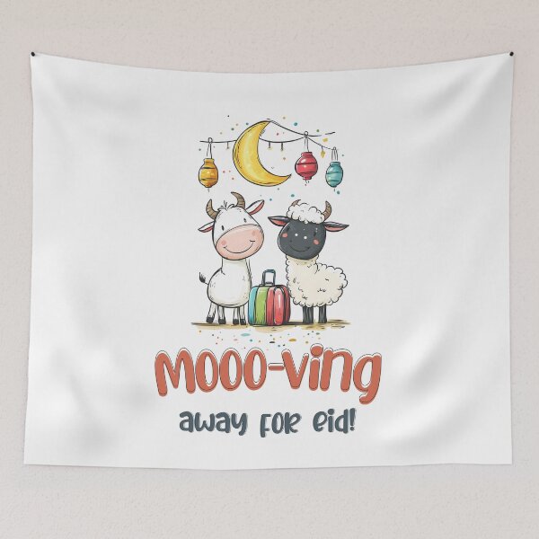 Item preview, Mooo-ving Away for Eid | Funny Cow & Sheep with Crescent Moon and Colorful Lanterns Hilarious Punny Meme designed and sold by FUNqoosh.