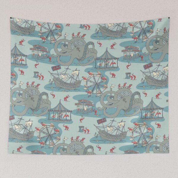 Item preview, Shrimp Fair - Whimsical Underwater Carnival in Blue and Gray designed and sold by somecallmebeth.