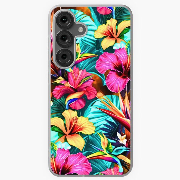 Aperçu de l'œuvre Motif de fleurs tropicales : hibiscus, oiseau de paradis et hibiscus hawaïen sur fond bleu sarcelle créée et vendue par CamouflageLab.