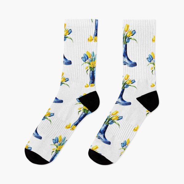 Item preview, Blue and yellow tulips arranged in blue rubber boots  watercolor painting designed and sold by Tatty-shop.
