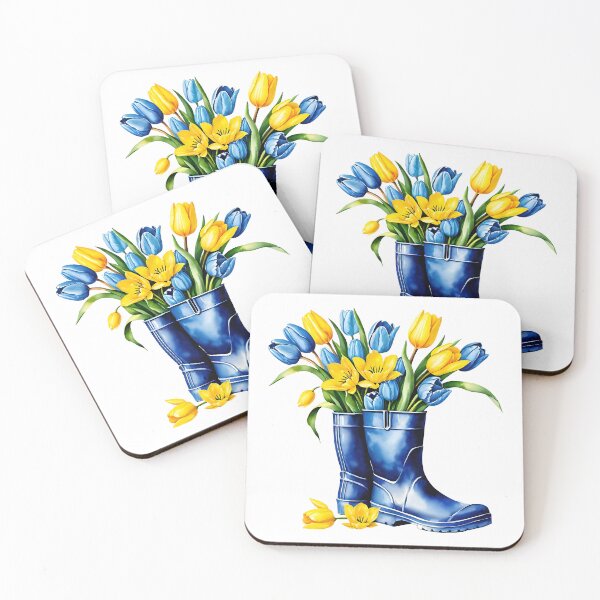 Item preview, Blue and yellow tulips arranged in blue rubber boots  watercolor painting designed and sold by Tatty-shop.