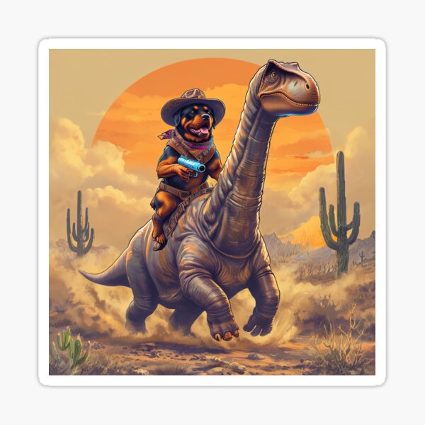 Item preview, Cowboy Rottweiler Rides Brontosaurus In desert designed and sold by MountAshDesigns.