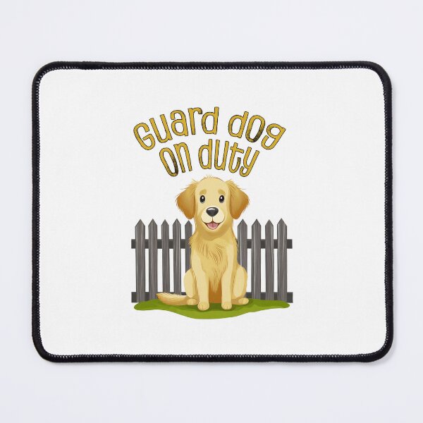 Item preview, golden retriever dog sitting in front of a fence guard dog on duty designed and sold by planetgolden.