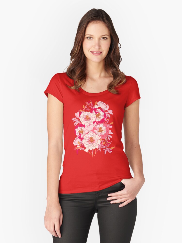 Thumbnail 1 of 3, Fitted Scoop T-Shirt, Pink Peony Spring Floral Bouquet designed and sold by ShowMeMars.