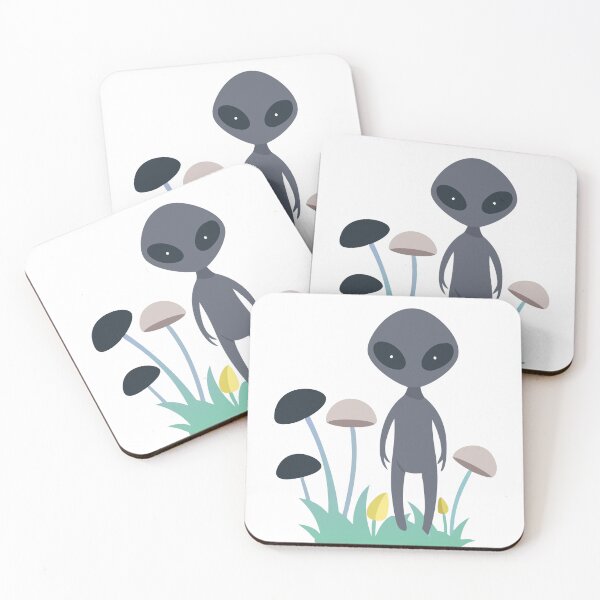 Item preview, Gray Alien with Large Black Eyes Among Colorful Mushrooms designed and sold by Creative88Art.