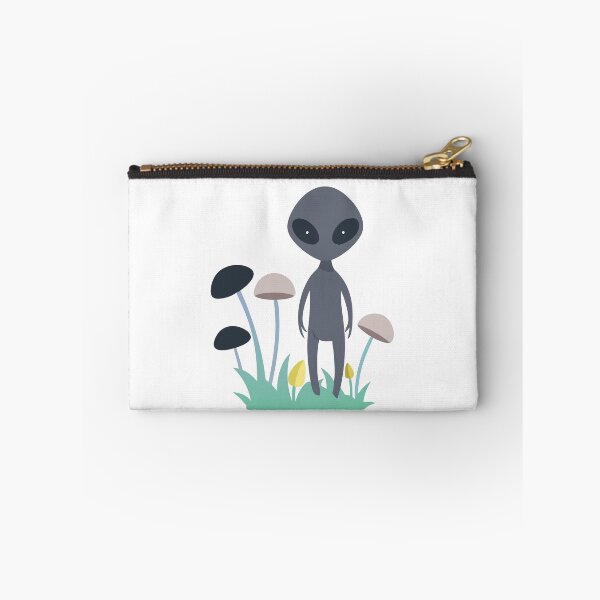 Item preview, Gray Alien with Large Black Eyes Among Colorful Mushrooms designed and sold by Creative88Art.