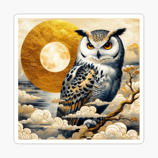 Item preview, Japanese Style Golden Moon and Owl designed and sold by Lunar Owl.