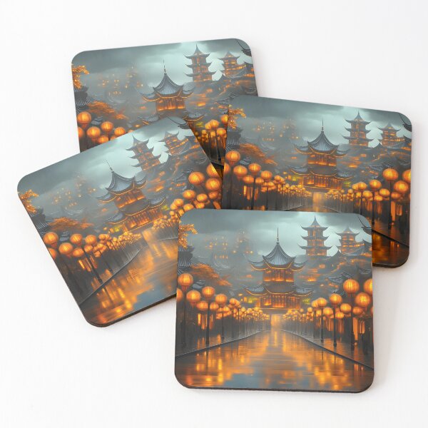 Item preview, Misty lantern-lit street with traditional architecture designed and sold by Artessie.