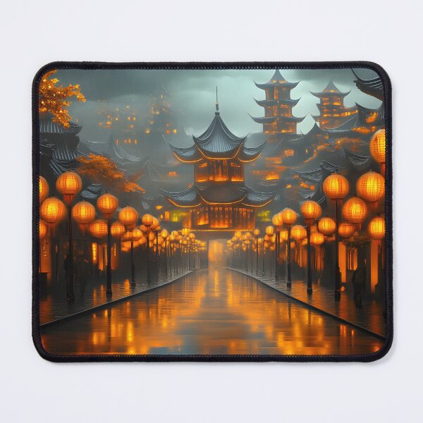 Item preview, Misty lantern-lit street with traditional architecture designed and sold by Artessie.