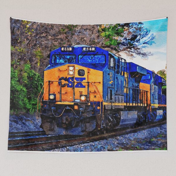 Item preview, Watercolor painting of a CSX freight train in a scenic rural setting designed and sold by GestaltImagery.