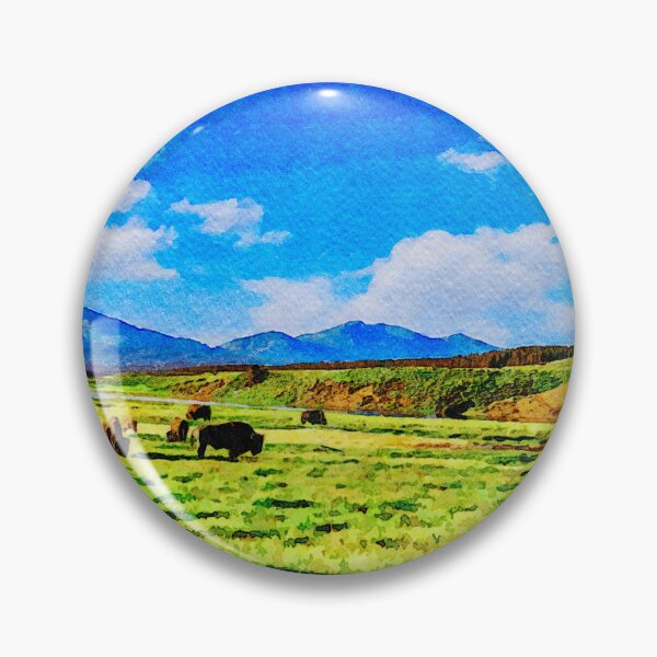 Item preview, Watercolor depiction of bison grazing by the Yellowstone River under blue sky designed and sold by GestaltImagery.