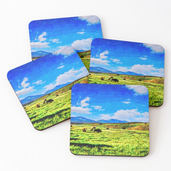 Item preview, Watercolor depiction of bison grazing by the Yellowstone River under blue sky designed and sold by GestaltImagery.
