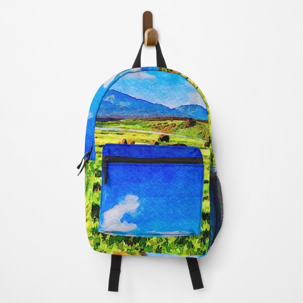 Item preview, Watercolor depiction of bison grazing by the Yellowstone River under blue sky designed and sold by GestaltImagery.