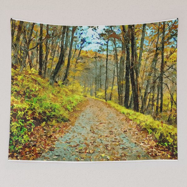 Item preview, Watercolor art of a forest trail during autumn in vibrant foliage colors designed and sold by GestaltImagery.