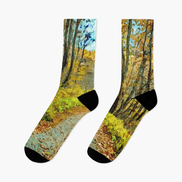 Item preview, Watercolor art of a forest trail during autumn in vibrant foliage colors designed and sold by GestaltImagery.