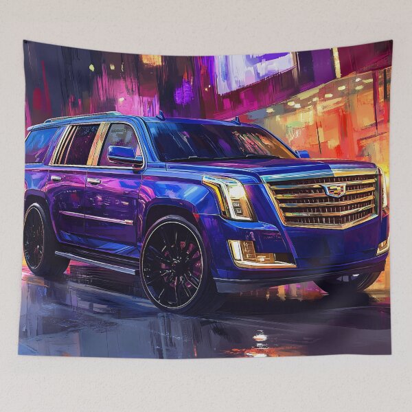 Artikelvorschau, „Blauer Cadillac Escalade – Digitaler Pop-Art-Druck“ V entworfen und verkauft von AutoPopStudio.