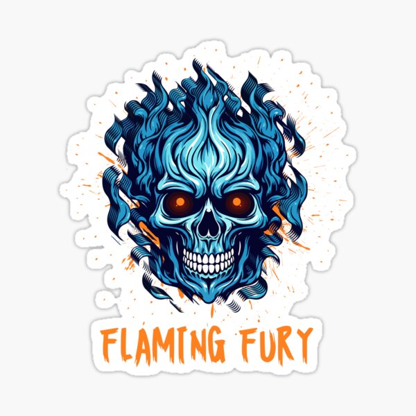 Flaming Skull Digital Art – Fiery Blue Skeleton with Burning Eyes Sticker