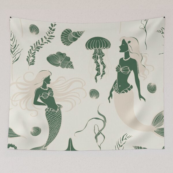 Item preview, Beautiful seamless pattern with mermaid, shell, starfish, algae, jellyfish line illustration.  designed and sold by MatyKotiv.