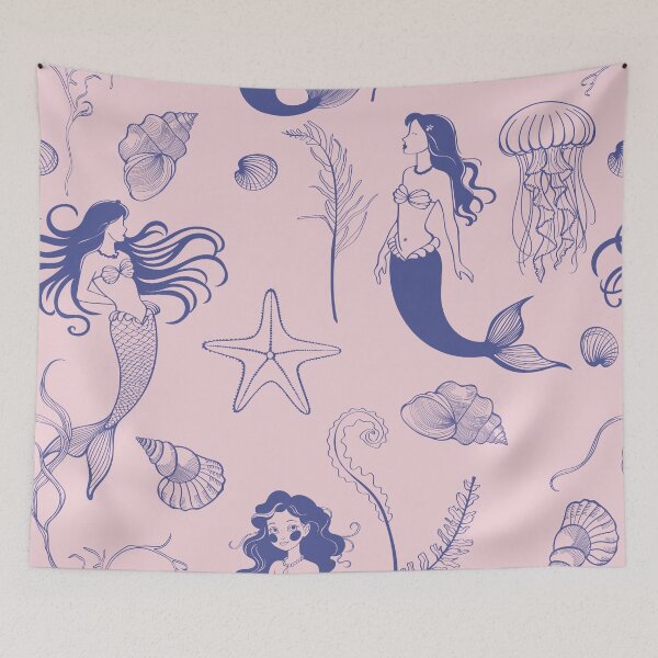 Item preview, Beautiful seamless pattern with mermaid, shell, starfish, algae, jellyfish line illustration.  designed and sold by MatyKotiv.