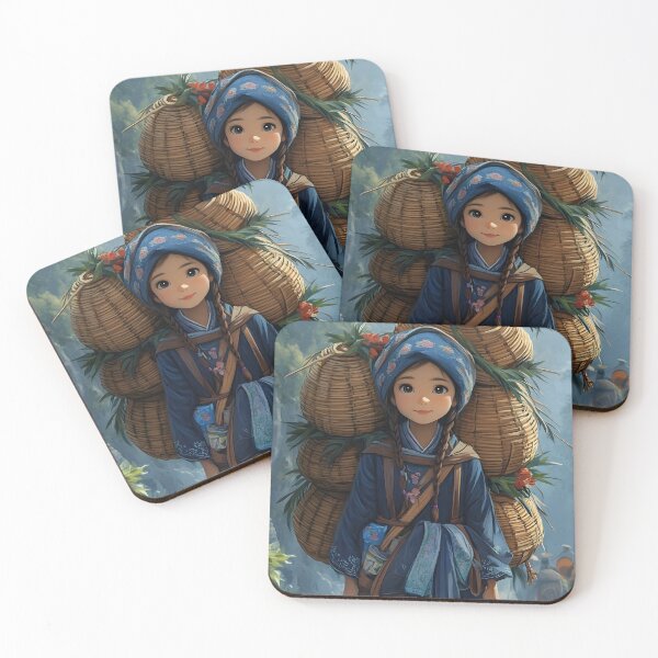 Item preview, Girl carrying baskets in vibrant scenic background art. designed and sold by Artessie.