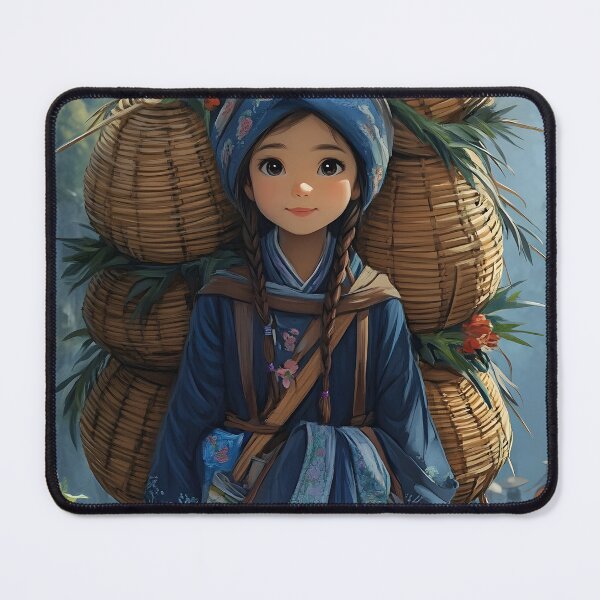 Item preview, Girl carrying baskets in vibrant scenic background art. designed and sold by Artessie.