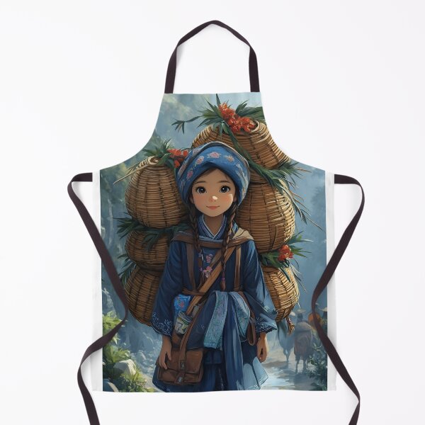 Item preview, Girl carrying baskets in vibrant scenic background art. designed and sold by Artessie.