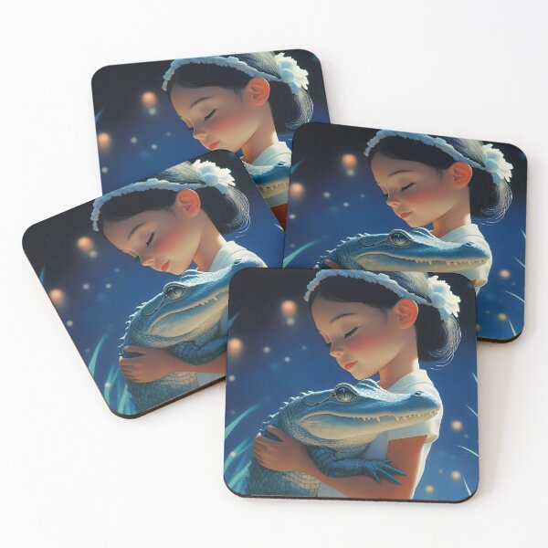 Item preview, Girl with crocodile in serene nocturnal setting designed and sold by Artessie.