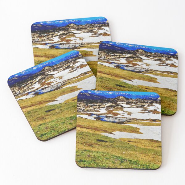 Item preview, Watercolor painting of Beartooth Highway with snowcapped mountains and lush greenery designed and sold by GestaltImagery.
