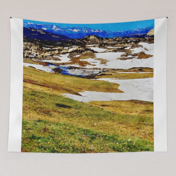 Aperçu de l'œuvre Aquarelle représentant Beartooth Highway avec des montagnes enneigées et une végétation luxuriante créée et vendue par GestaltImagery.
