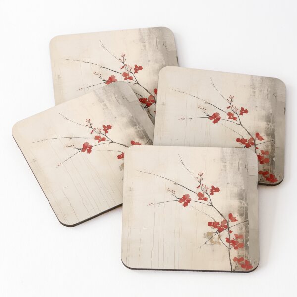 Item preview, Japandi and wabi sabi style rustic branch with red blossoms designed and sold by filigreedigital.