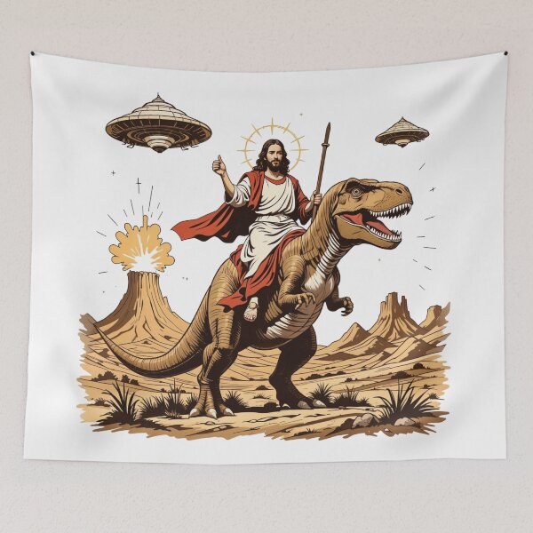 Item preview, Jesus Riding a T-Rex - Epic Sci-Fi and Religious Mashup Art designed and sold by latelierdechris.