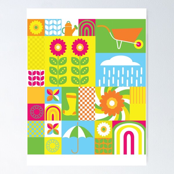 Item preview, Colorful and vibrant Spring geometric mosaic design with flowers and gardening season elements designed and sold by Jdawnink.