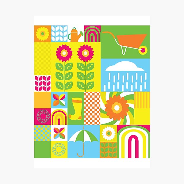 Item preview, Colorful and vibrant Spring geometric mosaic design with flowers and gardening season elements designed and sold by Jdawnink.