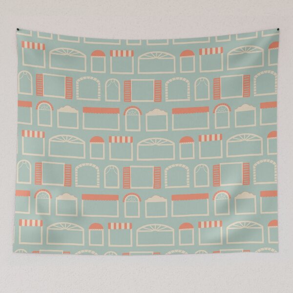 Item preview, Lively window styles from welcoming homes on teal background designed and sold by aysegulkacar.
