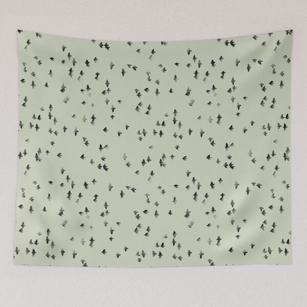 Item preview, Black flying birds silhouettes on green background minimalist pattern. Pencil sketch modern japandi  designed and sold by helga-wigandt.