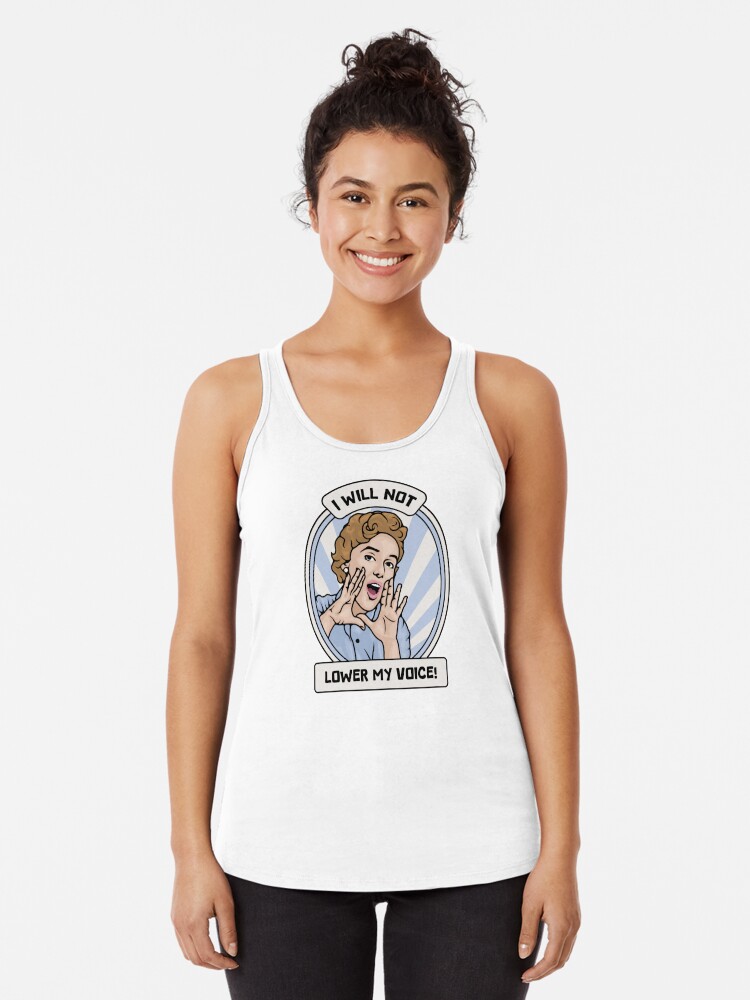 Thumbnail 1 of 3, Racerback Tank Top, I Will Not Lower My Voice designed and sold by unhingedheather.