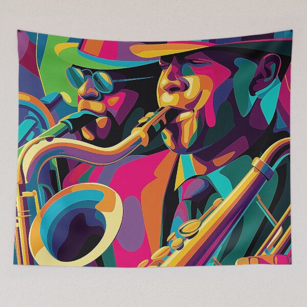 Item preview, Neon Jazz Duo – Psychedelic Saxophone Groove Poster designed and sold by djovan.