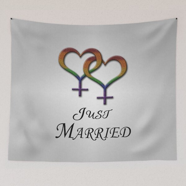 Item preview, Just Married Lesbian Pride with Interlinking Female Gender Symbols designed and sold by LiveLoudGraphic.