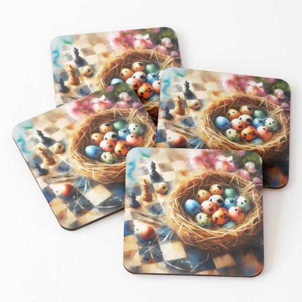 Item preview, Chessy Easter set Spotted eggs in a nest surrounded by aquarelle florals watercolour painting designed and sold by EmeraldeaArt.